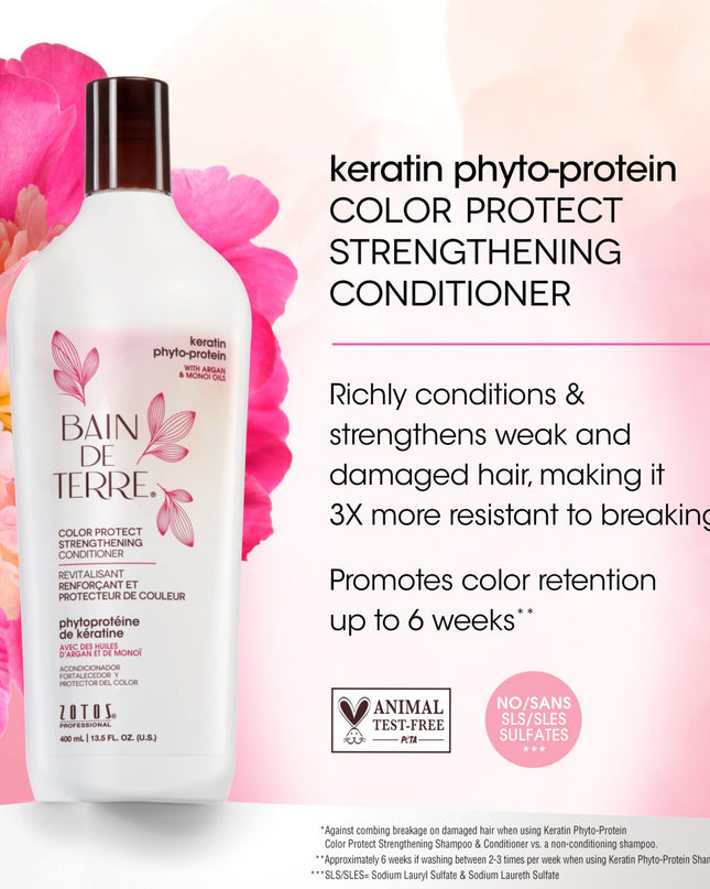 Bain de Terre's Keratin Phyto-Protein Strengthening Shampoo luxuriously cleanses & strengthens weak and damaged hair, making it 3X more resistant to breaking.* Promotes color retention up to 6 weeks.** Lavishes hair in beautifying oils & lush botanical scents for soft, sumptuous, silky hair. Paraben-free. Color-safe. 