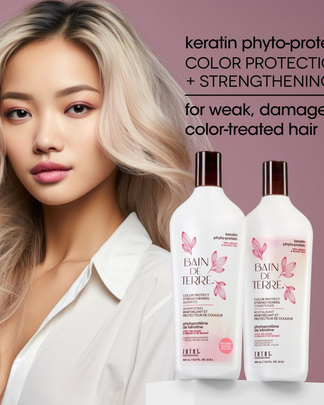 Bain de Terre's Keratin Phyto-Protein Strengthening Shampoo luxuriously cleanses & strengthens weak and damaged hair, making it 3X more resistant to breaking.* Promotes color retention up to 6 weeks.** Lavishes hair in beautifying oils & lush botanical scents for soft, sumptuous, silky hair. Paraben-free. Color-safe. 
