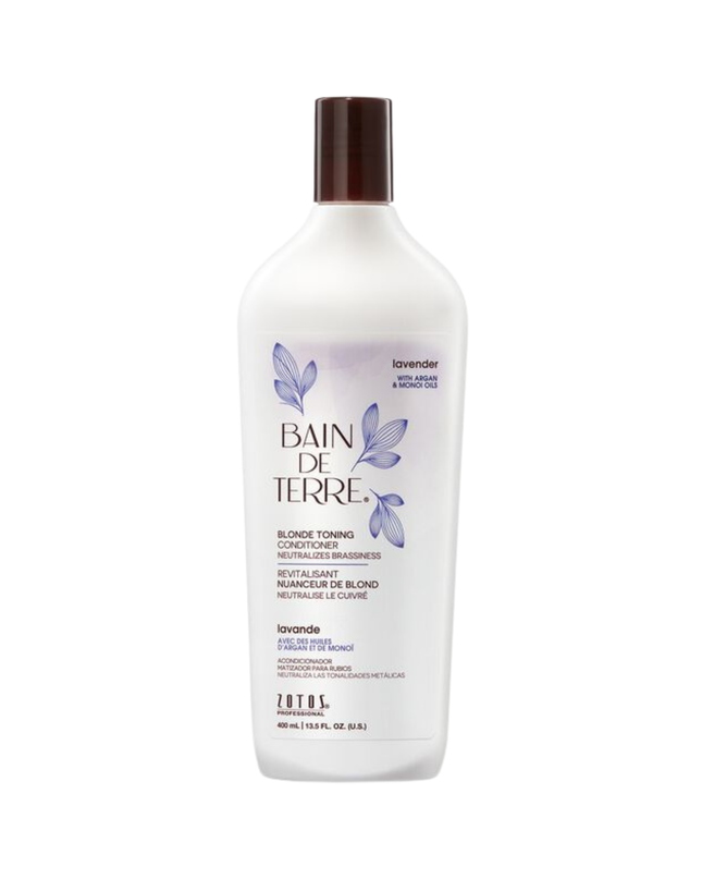Bain de Terre's Lavender Blonde Toning Conditioner neutralizes brassy tones to illuminate blonde, highlighted, silver/gray or color-treated hair.* Richly conditions & lavishes hair in beautifying oils & lush botanical scents for soft, sumptuous, shiny hair. Paraben-Free. 