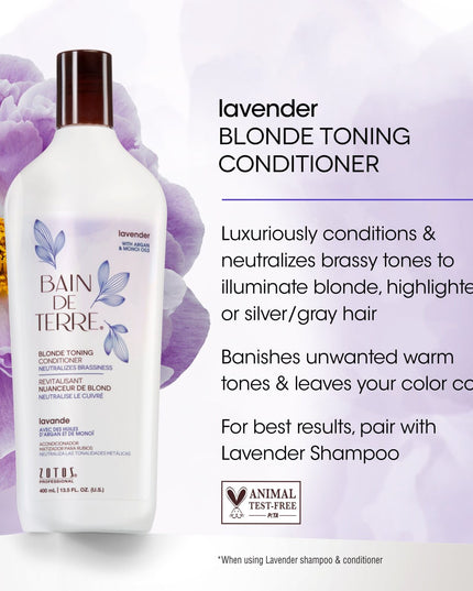 Bain de Terre's Lavender Blonde Toning Conditioner neutralizes brassy tones to illuminate blonde, highlighted, silver/gray or color-treated hair.* Richly conditions & lavishes hair in beautifying oils & lush botanical scents for soft, sumptuous, shiny hair. Paraben-Free. 