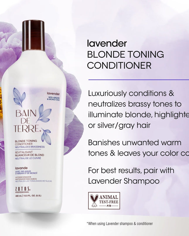 Bain de Terre's Lavender Blonde Toning Conditioner neutralizes brassy tones to illuminate blonde, highlighted, silver/gray or color-treated hair.* Richly conditions & lavishes hair in beautifying oils & lush botanical scents for soft, sumptuous, shiny hair. Paraben-Free. 