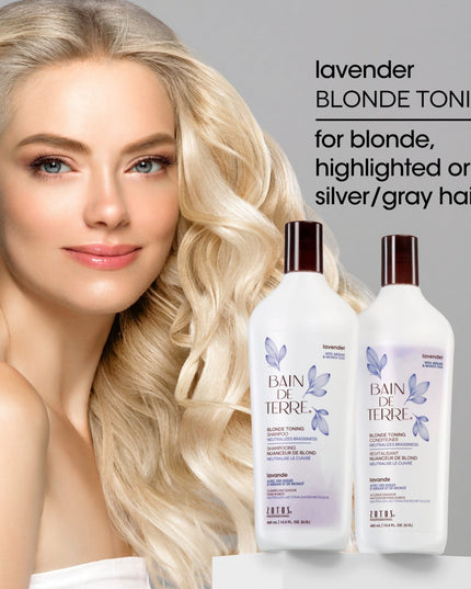 Bain de Terre's Lavender Blonde Toning Conditioner neutralizes brassy tones to illuminate blonde, highlighted, silver/gray or color-treated hair.* Richly conditions & lavishes hair in beautifying oils & lush botanical scents for soft, sumptuous, shiny hair. Paraben-Free. 