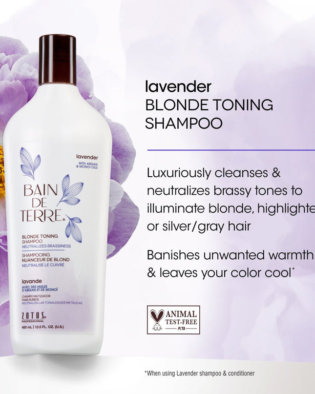 Bain de Terre's Lavender Blonde Toning Shampoo neutralizes brassy tones to illuminate blonde, highlighted, silver/gray or color-treated hair. Luxuriously cleanses & lavishes hair in beautifying oils & lush botanical scents for soft, sumptuous, shiny hair. Paraben-Free.