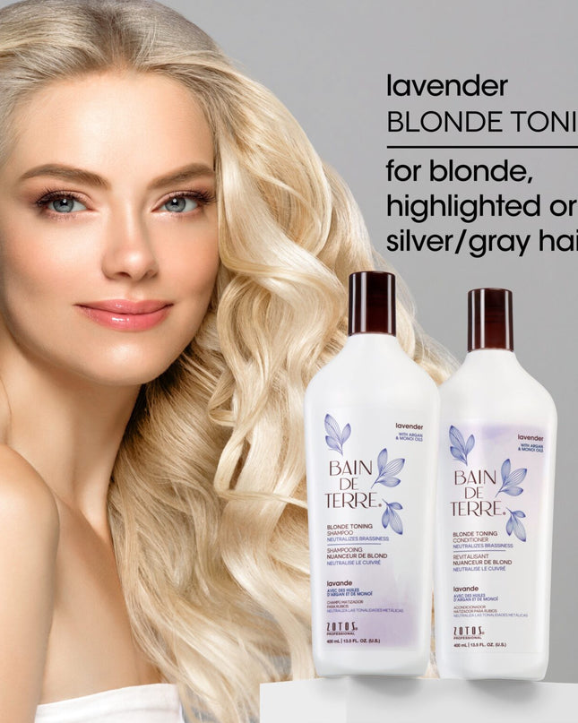 Bain de Terre's Lavender Blonde Toning Shampoo neutralizes brassy tones to illuminate blonde, highlighted, silver/gray or color-treated hair. Luxuriously cleanses & lavishes hair in beautifying oils & lush botanical scents for soft, sumptuous, shiny hair. Paraben-Free.