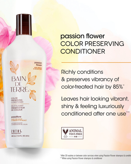 Bain de Terre's Passion Flower Color Preserving Conditioner richly conditions & preserves vibrancy of color-treated hair by 83%.* Lavishes hair in beautifying oils & lush botanical scents for soft, sumptuous, silky hair. Paraben-free. Color-safe. 