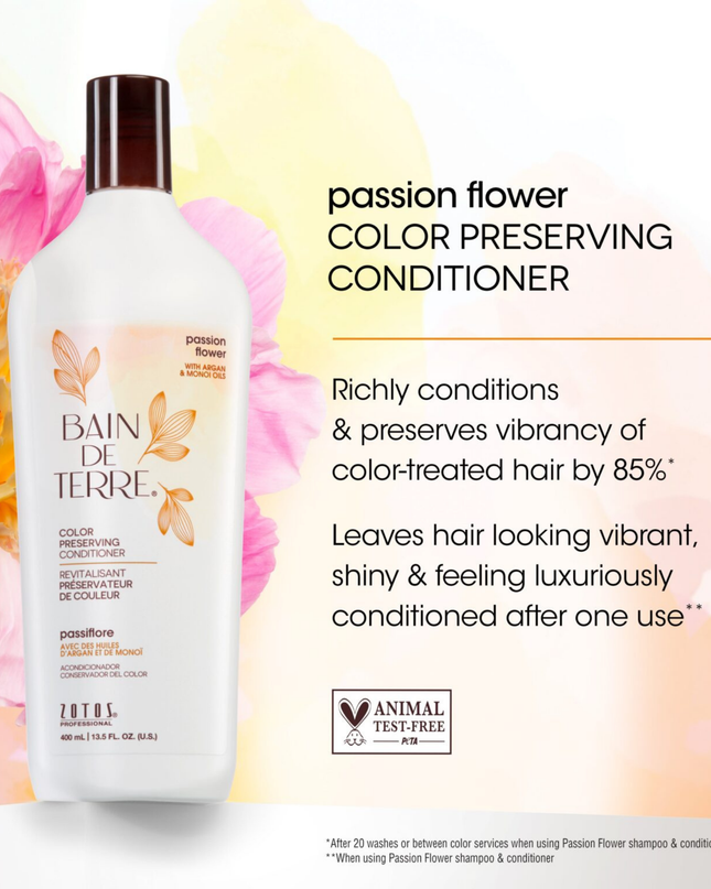 Bain de Terre's Passion Flower Color Preserving Conditioner richly conditions & preserves vibrancy of color-treated hair by 83%.* Lavishes hair in beautifying oils & lush botanical scents for soft, sumptuous, silky hair. Paraben-free. Color-safe. 