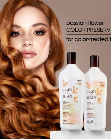 Bain de Terre's Passion Flower Color Preserving Conditioner richly conditions & preserves vibrancy of color-treated hair by 83%.* Lavishes hair in beautifying oils & lush botanical scents for soft, sumptuous, silky hair. Paraben-free. Color-safe. 