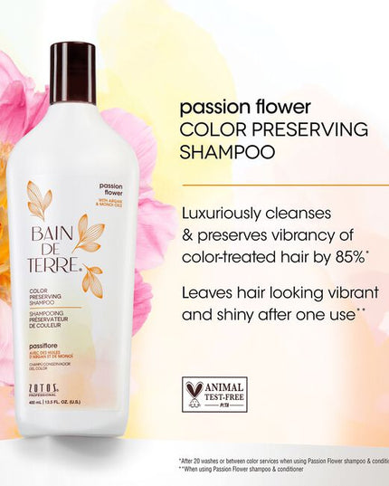 Bain de Terre's Passion Flower Shampoo luxuriously cleanses & preserves vibrancy of color-treated hair by 83%.* Lavishes hair in beautifying oils lush botanical scents for soft, sumptuous, silky hair. Paraben-free. Color-safe.