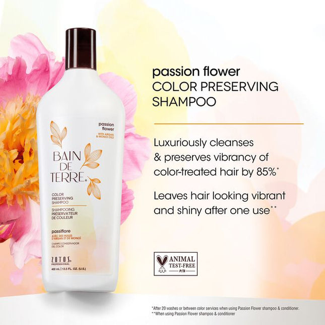 Bain de Terre's Passion Flower Shampoo luxuriously cleanses & preserves vibrancy of color-treated hair by 83%.* Lavishes hair in beautifying oils lush botanical scents for soft, sumptuous, silky hair. Paraben-free. Color-safe.