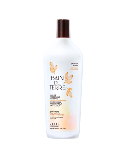 Bain de Terre's Passion Flower Shampoo luxuriously cleanses & preserves vibrancy of color-treated hair by 83%.* Lavishes hair in beautifying oils lush botanical scents for soft, sumptuous, silky hair. Paraben-free. Color-safe.