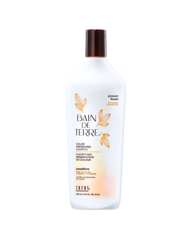 Bain de Terre's Passion Flower Shampoo luxuriously cleanses & preserves vibrancy of color-treated hair by 83%.* Lavishes hair in beautifying oils lush botanical scents for soft, sumptuous, silky hair. Paraben-free. Color-safe.