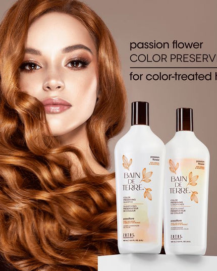 Bain de Terre's Passion Flower Shampoo luxuriously cleanses & preserves vibrancy of color-treated hair by 83%.* Lavishes hair in beautifying oils lush botanical scents for soft, sumptuous, silky hair. Paraben-free. Color-safe.