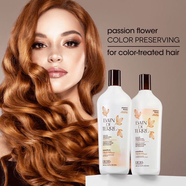Bain de Terre's Passion Flower Shampoo luxuriously cleanses & preserves vibrancy of color-treated hair by 83%.* Lavishes hair in beautifying oils lush botanical scents for soft, sumptuous, silky hair. Paraben-free. Color-safe.