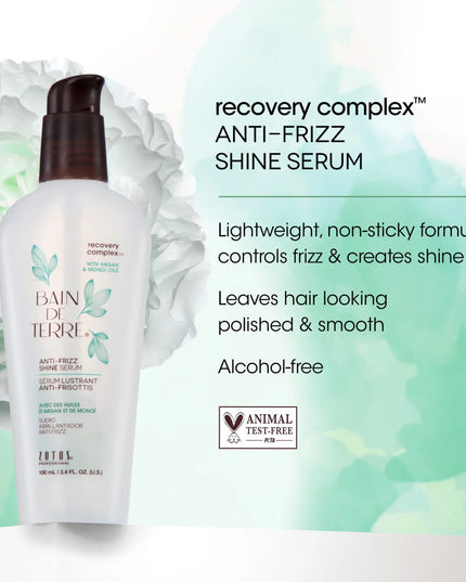 Bain de Terre's Recovery Complex Anti Frizz Shine Serum - Control frizz & create shine with this luscious, lightweight, alcohol-free & paraben-free serum. Color-safe.