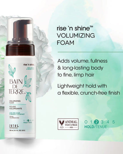 Bain de Terre's Rise 'n Shine Volumizing Foam adds volume & long-lasting body to fine, limp hair with a lightweight hold. Lavishes hair in beautifying oils & lush botanical scents. Paraben-free. Color-safe.
