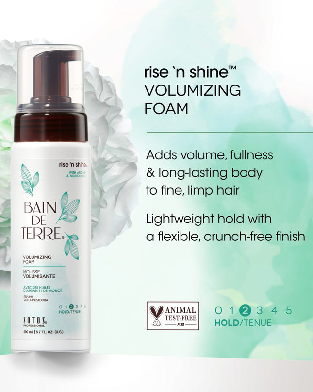 Bain de Terre's Rise 'n Shine Volumizing Foam adds volume & long-lasting body to fine, limp hair with a lightweight hold. Lavishes hair in beautifying oils & lush botanical scents. Paraben-free. Color-safe.