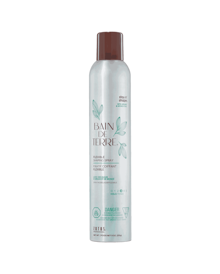 Bain de Terre's Stay n' Shape Flexible Shaping Spray creates medium, flexible hold without stickiness or flaking. Dries quickly and provides shine. Humidity resistant. Protects from thermal damage up to 450 °F. Lavishes hair in beautifying oils and lush botanical scents. Paraben-free. Color-safe. 50% VOC.