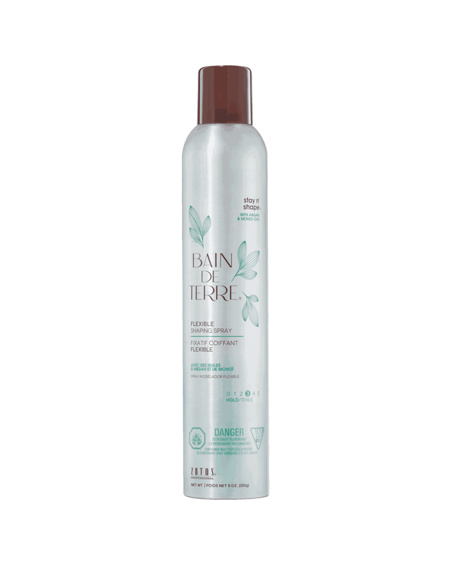 Bain de Terre's Stay n' Shape Flexible Shaping Spray creates medium, flexible hold without stickiness or flaking. Dries quickly and provides shine. Humidity resistant. Protects from thermal damage up to 450 °F. Lavishes hair in beautifying oils and lush botanical scents. Paraben-free. Color-safe. 50% VOC.
