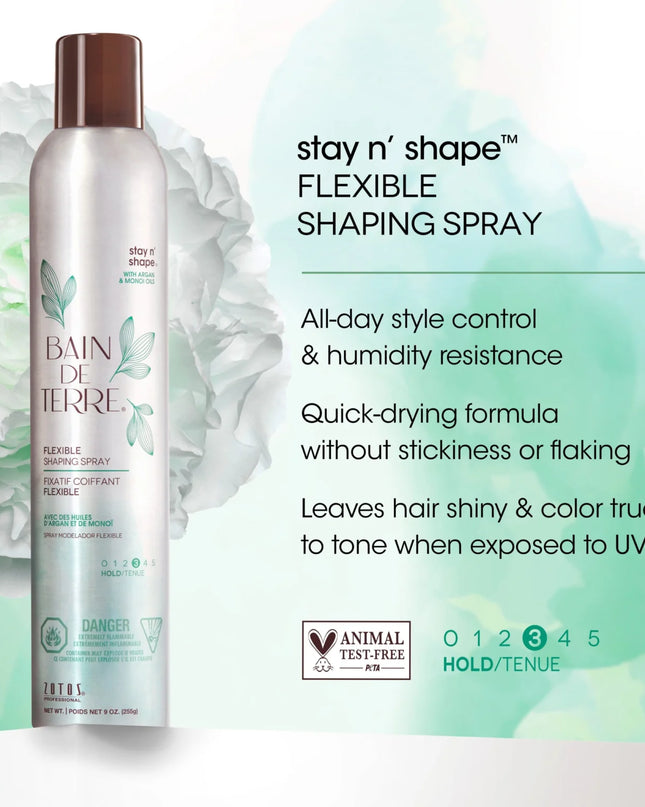 Bain de Terre's Stay n' Shape Flexible Shaping Spray creates medium, flexible hold without stickiness or flaking. Dries quickly and provides shine. Humidity resistant. Protects from thermal damage up to 450 °F. Lavishes hair in beautifying oils and lush botanical scents. Paraben-free. Color-safe. 50% VOC.