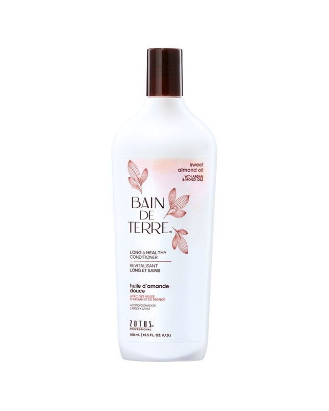 Bain de Terre's Sweet Almond Oil Long &  Healthy Conditioner richly conditions and strengthens hair, making it over 4X more resistant to breakage.* Lavishes hair in beautifying oils & lush botanical scents for soft, sumptuous, silky hair. Paraben-free. Color-safe.