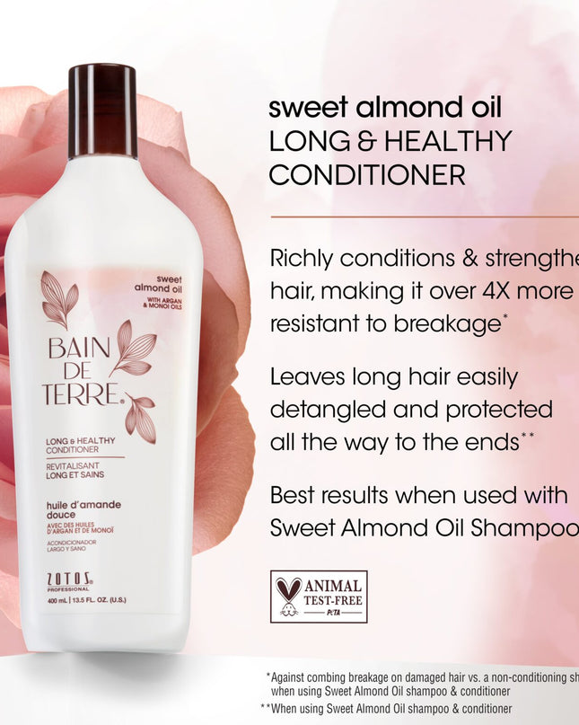Bain de Terre's Sweet Almond Oil Long &  Healthy Conditioner richly conditions and strengthens hair, making it over 4X more resistant to breakage.* Lavishes hair in beautifying oils & lush botanical scents for soft, sumptuous, silky hair. Paraben-free. Color-safe.