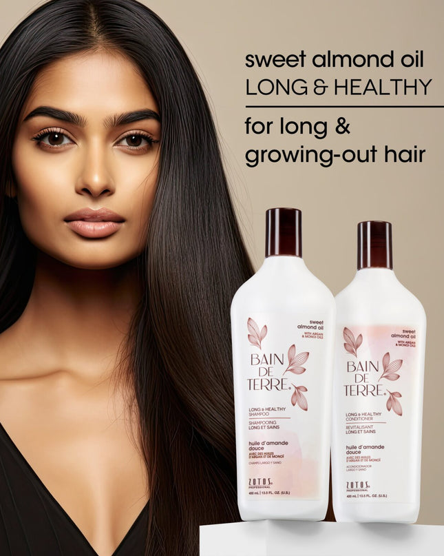 Bain de Terre's Sweet Almond Oil Long &  Healthy Conditioner richly conditions and strengthens hair, making it over 4X more resistant to breakage.* Lavishes hair in beautifying oils & lush botanical scents for soft, sumptuous, silky hair. Paraben-free. Color-safe.