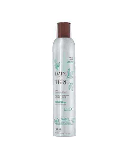 Bain de Terre's Infinite Hold Firm Finishing Spray creates long lasting, firm hold without stickiness or flaking. Dries quickly and provides shine. Humidity resistant. Protects from thermal damage up to 450 °F. Lavishes hair in beautifying oils and lush botanical scents. Paraben-free. Color-safe. 50% VOC.
