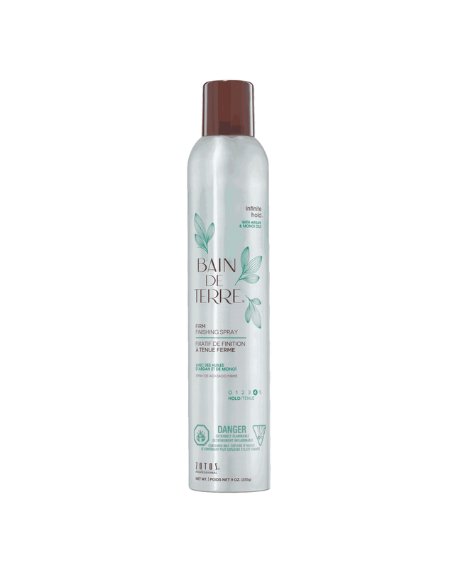 Bain de Terre's Infinite Hold Firm Finishing Spray creates long lasting, firm hold without stickiness or flaking. Dries quickly and provides shine. Humidity resistant. Protects from thermal damage up to 450 °F. Lavishes hair in beautifying oils and lush botanical scents. Paraben-free. Color-safe. 50% VOC.