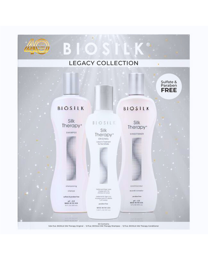 Legacy Collection Trio Includes:
(1) - Silk Therapy Shampoo, 12 fl. oz.
(1) - Silk Therapy Conditioner, 12 fl. oz.
(1) - Silk Therapy Leave-In Treatment for Hair & Body, 5.64 fl. oz.