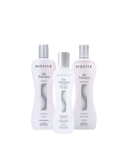 Legacy Collection Trio Includes:
(1) - Silk Therapy Shampoo, 12 fl. oz.
(1) - Silk Therapy Conditioner, 12 fl. oz.
(1) - Silk Therapy Leave-In Treatment for Hair & Body, 5.64 fl. oz.