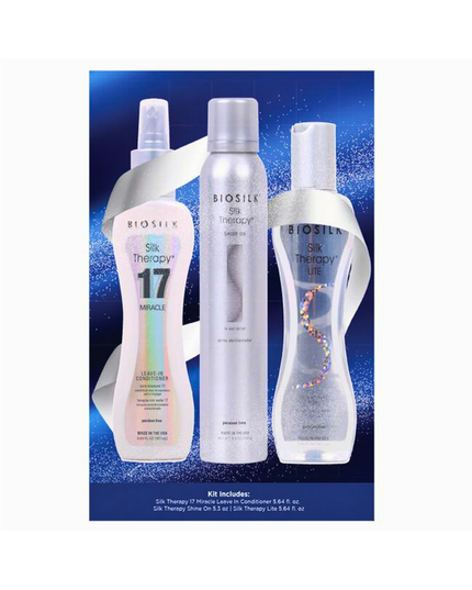 Wrapped in Shine Kit Includes:

BioSilk Silk Therapy Miracle 17 Leave-In, 5.65 fl. oz.
BioSilk Therapy Lite, 5.64 fl. oz.
BioSilk Therapy Shine, 5.34 fl. oz.