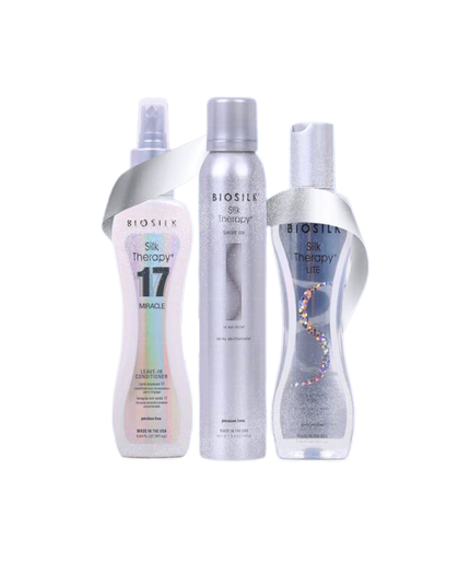 Wrapped in Shine Kit Includes:

BioSilk Silk Therapy Miracle 17 Leave-In, 5.65 fl. oz.
BioSilk Therapy Lite, 5.64 fl. oz.
BioSilk Therapy Shine, 5.34 fl. oz.