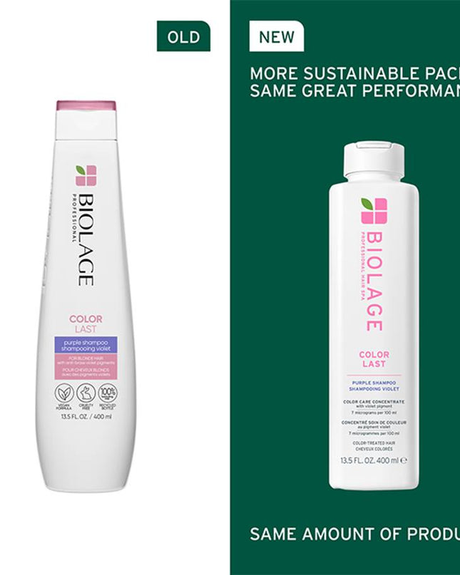 Biolage ColorLast Purple Shampoo for Color-Treated Hair is a low-pH toning shampoo designed to gently cleanse and revitalize color-treated hair. Infused with violet pigments, this shampoo neutralizes brass and unwanted warm tones, enhancing the color’s dimension while preserving its depth. Its vegan formula, free from parabens and mineral oil, ensures a gentle yet effective cleanse, leaving blonde hair healthy and conditioned until the next salon visit.