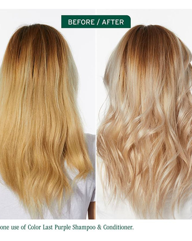 Biolage ColorLast Purple Shampoo for Color-Treated Hair is a low-pH toning shampoo designed to gently cleanse and revitalize color-treated hair. Infused with violet pigments, this shampoo neutralizes brass and unwanted warm tones, enhancing the color’s dimension while preserving its depth. Its vegan formula, free from parabens and mineral oil, ensures a gentle yet effective cleanse, leaving blonde hair healthy and conditioned until the next salon visit.