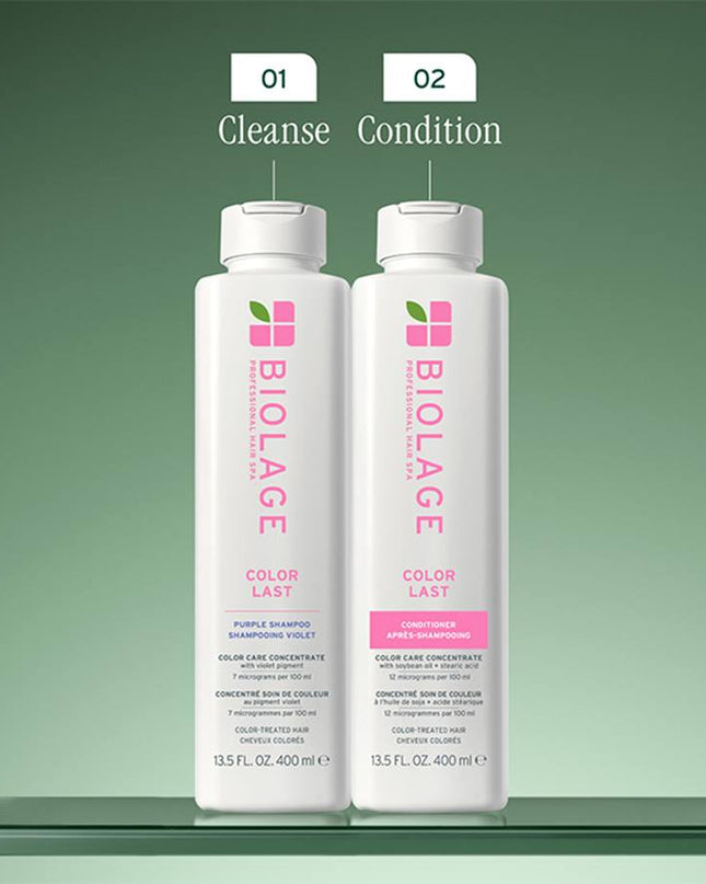 Biolage ColorLast Purple Shampoo for Color-Treated Hair is a low-pH toning shampoo designed to gently cleanse and revitalize color-treated hair. Infused with violet pigments, this shampoo neutralizes brass and unwanted warm tones, enhancing the color’s dimension while preserving its depth. Its vegan formula, free from parabens and mineral oil, ensures a gentle yet effective cleanse, leaving blonde hair healthy and conditioned until the next salon visit.