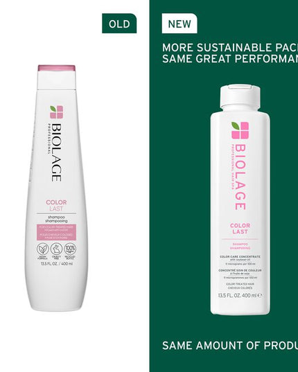 ColorLast Shampoo for Color-Treated Hair is a gentle, low-pH formula designed to cleanse color-treated hair while preserving color depth, tone, and shine. Infused with a color care concentrate of soybean oil and stearic acid, it delivers essential nourishment and protection to maintain lasting color and high shine. This shampoo helps prevent color fade for up to 4 weeks*, provides 35% more shine after one use**, and leaves hair 13X smoother** and twice as strong** after just one application**.