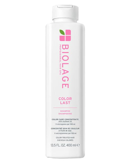 ColorLast Shampoo for Color-Treated Hair is a gentle, low-pH formula designed to cleanse color-treated hair while preserving color depth, tone, and shine. Infused with a color care concentrate of soybean oil and stearic acid, it delivers essential nourishment and protection to maintain lasting color and high shine. This shampoo helps prevent color fade for up to 4 weeks*, provides 35% more shine after one use**, and leaves hair 13X smoother** and twice as strong** after just one application**.