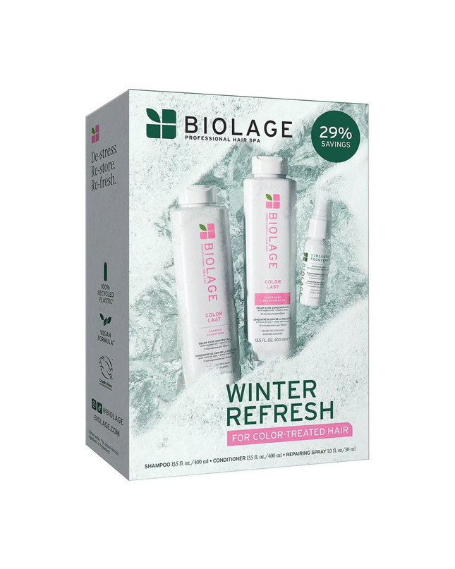 The Winter Refresh Holiday Set for Color-Treated Hair is a gentle, low-pH system designed to cleanse color-treated hair while preserving color depth, tone, and shine while strengthening and protecting weak, damaged strands.