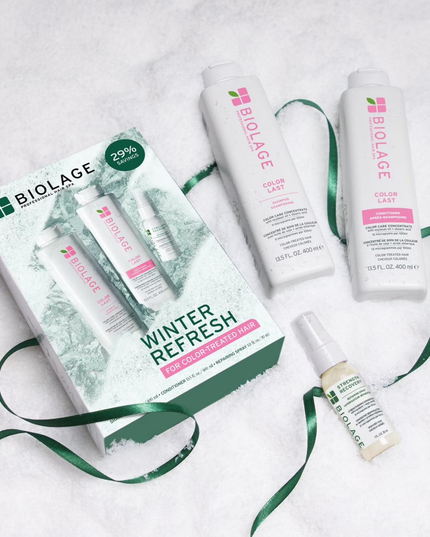 The Winter Refresh Holiday Set for Color-Treated Hair is a gentle, low-pH system designed to cleanse color-treated hair while preserving color depth, tone, and shine while strengthening and protecting weak, damaged strands.