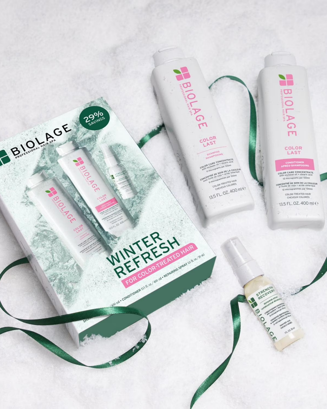 The Winter Refresh Holiday Set for Color-Treated Hair is a gentle, low-pH system designed to cleanse color-treated hair while preserving color depth, tone, and shine while strengthening and protecting weak, damaged strands.