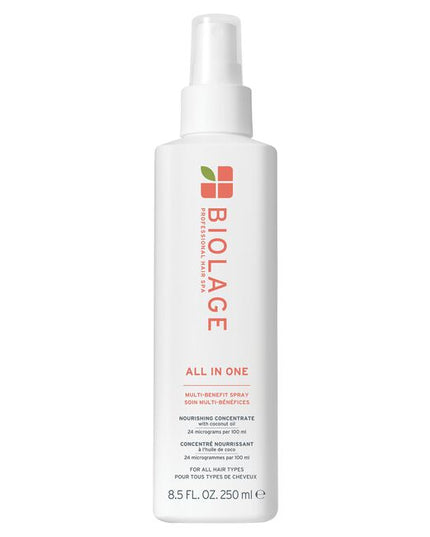 All-In-One Multi-Benefit Spray for All Hair Types is a lightweight, fast-absorbing leave-in spray that serves as the ultimate primer for all hair types. Infused with a nourishing concentrate of pressed coconut oil, this versatile spray provides heat protection, enhances shine, softness, and smoothness, while also controlling frizz, static, and flyaways. It effectively seals split ends and offers 14 times more conditioning, smoother hair, and better detangling compared to non-conditioning shampoo*.