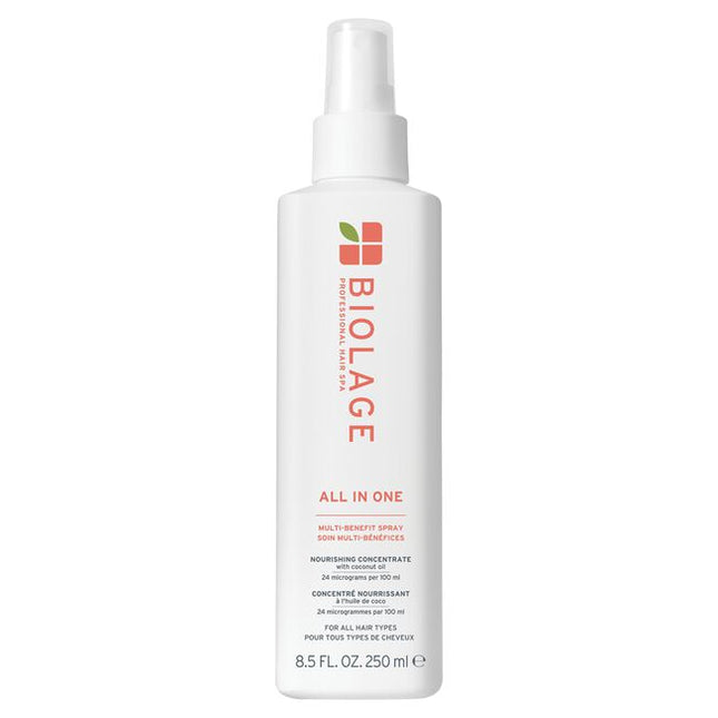 All-In-One Multi-Benefit Spray for All Hair Types is a lightweight, fast-absorbing leave-in spray that serves as the ultimate primer for all hair types. Infused with a nourishing concentrate of pressed coconut oil, this versatile spray provides heat protection, enhances shine, softness, and smoothness, while also controlling frizz, static, and flyaways. It effectively seals split ends and offers 14 times more conditioning, smoother hair, and better detangling compared to non-conditioning shampoo*.
