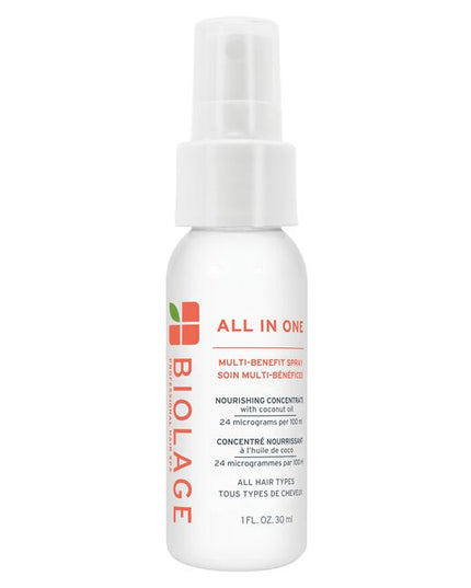 All-In-One Multi-Benefit Spray for All Hair Types is a lightweight, fast-absorbing leave-in spray that serves as the ultimate primer for all hair types. Infused with a nourishing concentrate of pressed coconut oil, this versatile spray provides heat protection, enhances shine, softness, and smoothness, while also controlling frizz, static, and flyaways. It effectively seals split ends and offers 14 times more conditioning, smoother hair, and better detangling compared to non-conditioning shampoo*.