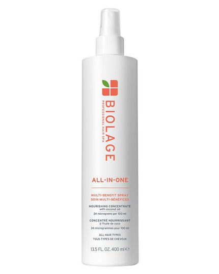 All-In-One Multi-Benefit Spray for All Hair Types is a lightweight, fast-absorbing leave-in spray that serves as the ultimate primer for all hair types. Infused with a nourishing concentrate of pressed coconut oil, this versatile spray provides heat protection, enhances shine, softness, and smoothness, while also controlling frizz, static, and flyaways. It effectively seals split ends and offers 14 times more conditioning, smoother hair, and better detangling compared to non-conditioning shampoo*.