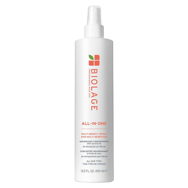 All-In-One Multi-Benefit Spray for All Hair Types is a lightweight, fast-absorbing leave-in spray that serves as the ultimate primer for all hair types. Infused with a nourishing concentrate of pressed coconut oil, this versatile spray provides heat protection, enhances shine, softness, and smoothness, while also controlling frizz, static, and flyaways. It effectively seals split ends and offers 14 times more conditioning, smoother hair, and better detangling compared to non-conditioning shampoo*.