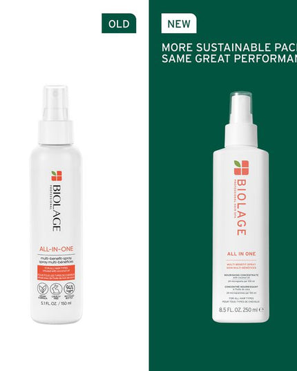 All-In-One Multi-Benefit Spray for All Hair Types is a lightweight, fast-absorbing leave-in spray that serves as the ultimate primer for all hair types. Infused with a nourishing concentrate of pressed coconut oil, this versatile spray provides heat protection, enhances shine, softness, and smoothness, while also controlling frizz, static, and flyaways. It effectively seals split ends and offers 14 times more conditioning, smoother hair, and better detangling compared to non-conditioning shampoo*.