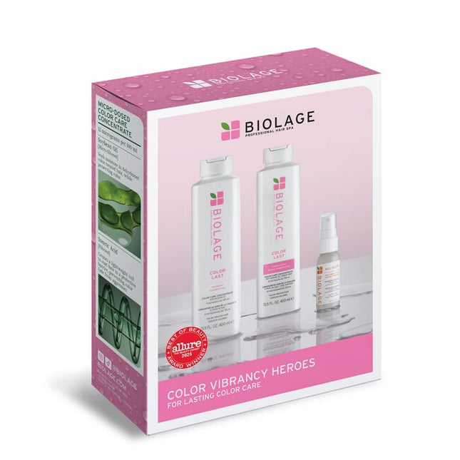 Discover the ultimate regimen for maintaining radiant, long-lasting hair color while providing comprehensive, multi-benefit care with the Biolage Color Last & All-In-One Essential Kit. This intentional collection seamlessly blends the best of science and nature, offering a serene and trusted solution to protect your vibrant hues and transform your hair's overall health and manageability. Keep your color fresh and your strands feeling cared for, every single day.