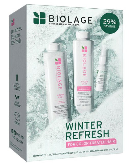 ColorLast Shampoo is infused and micro-dosed with a carefully calibrated color care concentrate of soybean oil and stearic acid to deliver an ideal level of nourishment and preservation for lasting color and high shine. Low pH Color Last Conditioner is infused and micro-dosed with a carefully calibrated color care concentrate of soybean oil and stearic acid to help maintain salon color while conditioning and adding shine.