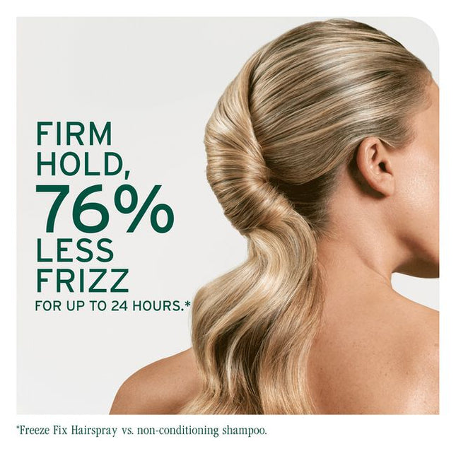 Freeze Fix Humidity-Resistant Hairspray is a firm-hold, fast-drying hairspray designed to provide all-day support and aerial control for all hair types. It effectively combats humidity, reducing frizz by 76% for up to 24 hours*, while delivering supreme shine and anti-frizz smoothing control. This vegan, cruelty-free formula is also paraben-free, mineral oil-free, and colorant-free, making it suitable for color-treated hair.
