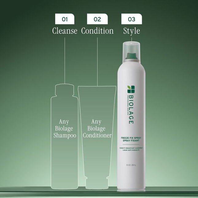 Freeze Fix Humidity-Resistant Hairspray is a firm-hold, fast-drying hairspray designed to provide all-day support and aerial control for all hair types. It effectively combats humidity, reducing frizz by 76% for up to 24 hours*, while delivering supreme shine and anti-frizz smoothing control. This vegan, cruelty-free formula is also paraben-free, mineral oil-free, and colorant-free, making it suitable for color-treated hair.